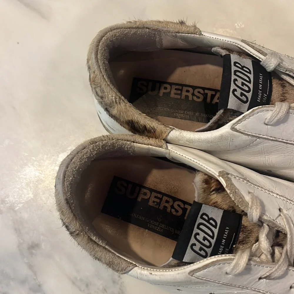 Golden Goose White Leather Sneakers with Leopard Toe and Black Star
